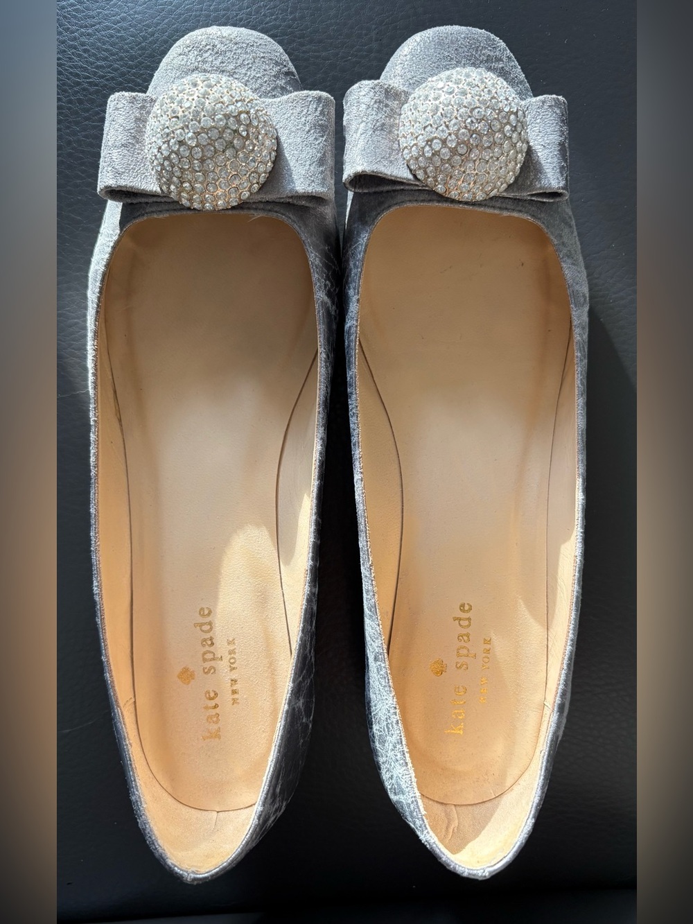 Kate Spade grey suede leather Italian flats w/rhinestone crystal balls 7.5